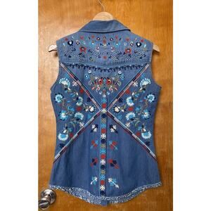 Tasha Polizzi Collection Denim Western Embroidered Snap Shirt Aztec Sz S Cowgirl